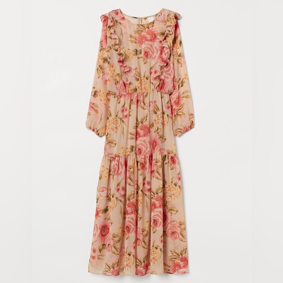 H&M Dresses & Skirts - H&M PALE ORANGE PINK YELLOW FLORAL PRINT RUFFLED MAXI DRESS WOMENS SZ MEDIUM